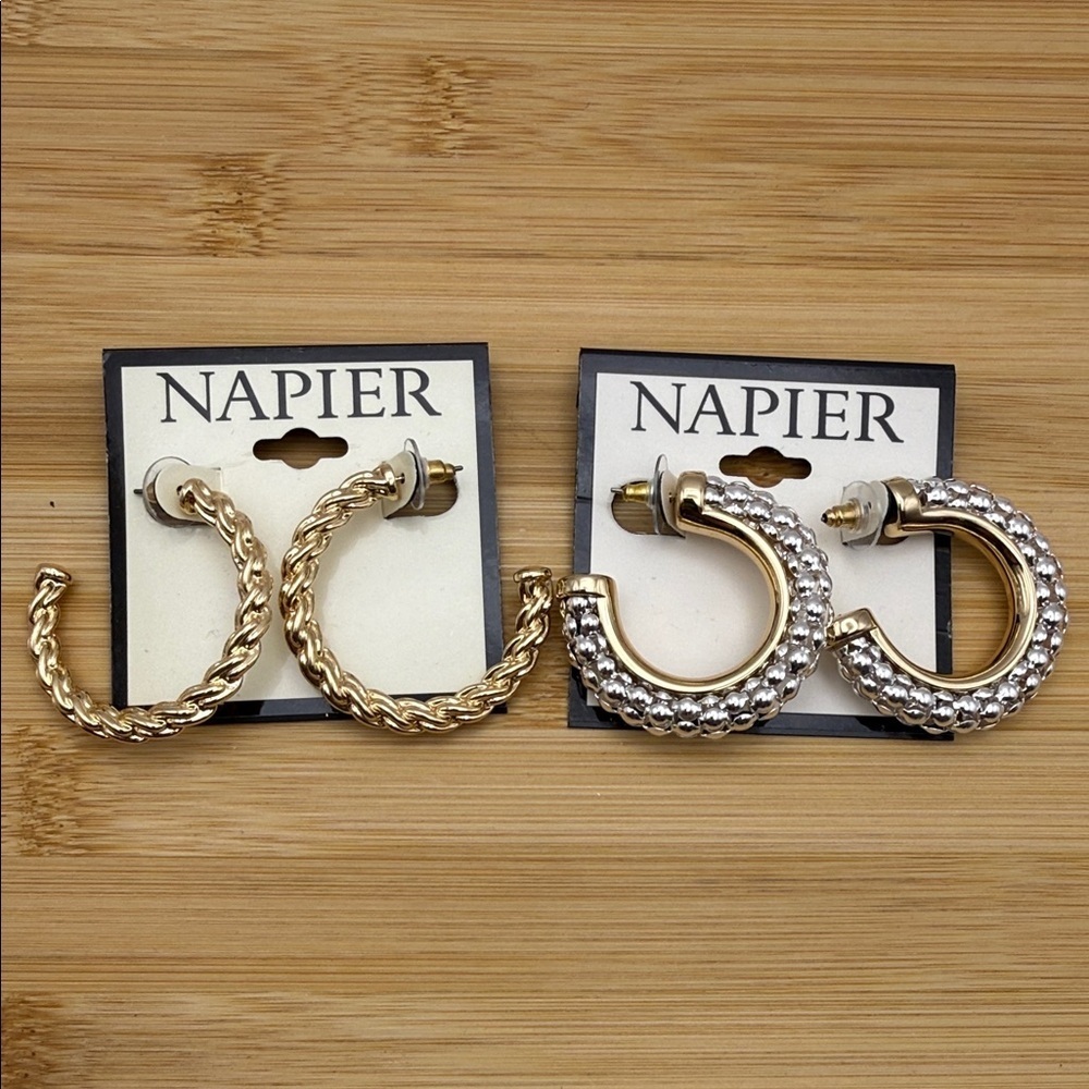 NWT Napier Gold Tone Braided & Two Tone C-Hoop Earrings